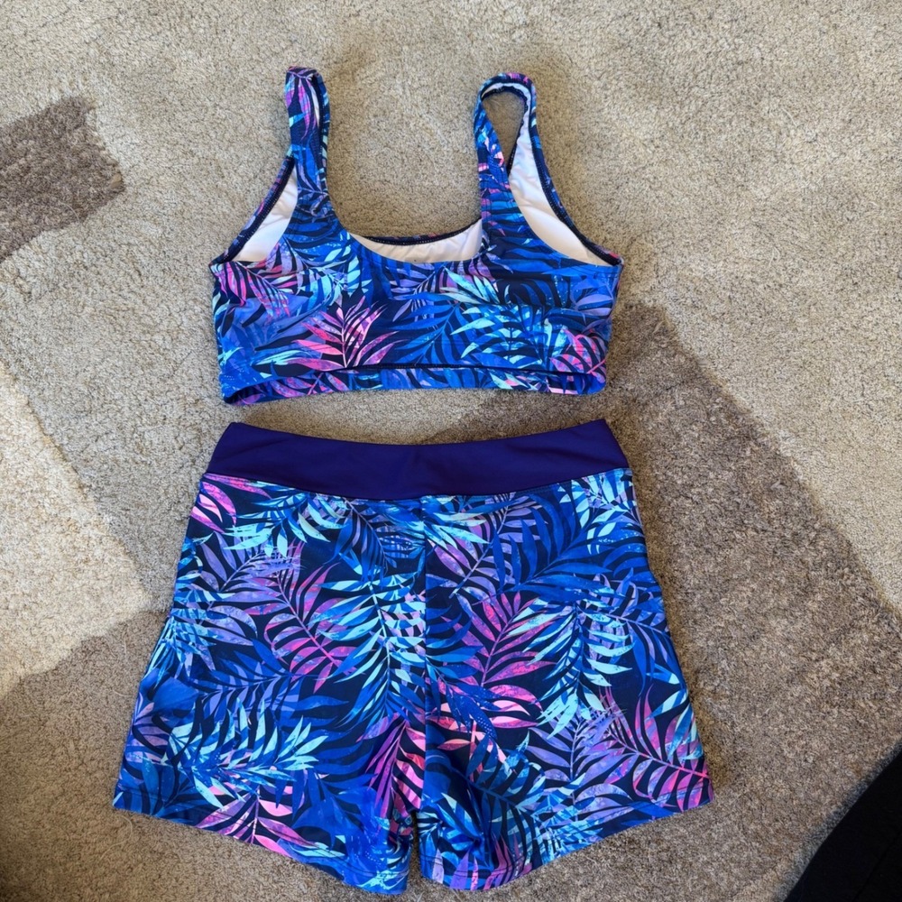 Holipick Women 3 Piece Rash Guard Swimsuit Set Tropical Palm Print Blue Purple S - Picture 10 of 12